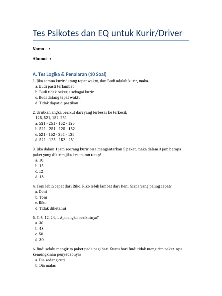 Tes Psikotes EQ Kurir Driver | PDF