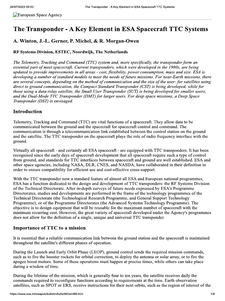 The Transponder - A Key Element in ESA Spacecraft TTC Systems | PDF ...
