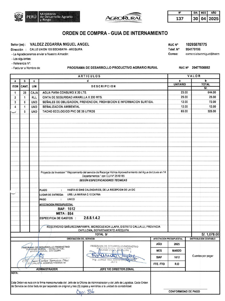 Orden de Compra N°137-Materiales de Seguridad y Bienestar-Reservorio ...