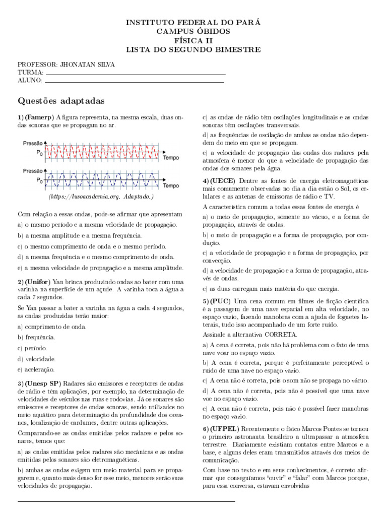 Lista de Questões de Física II - 2º Bimestre | PDF | Ondas | Luz