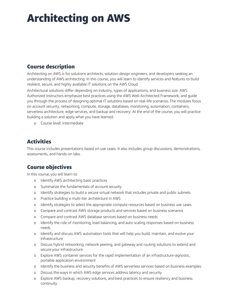 Architecting on AWS Course Overview | PDF | Amazon Web Services | Cloud ...