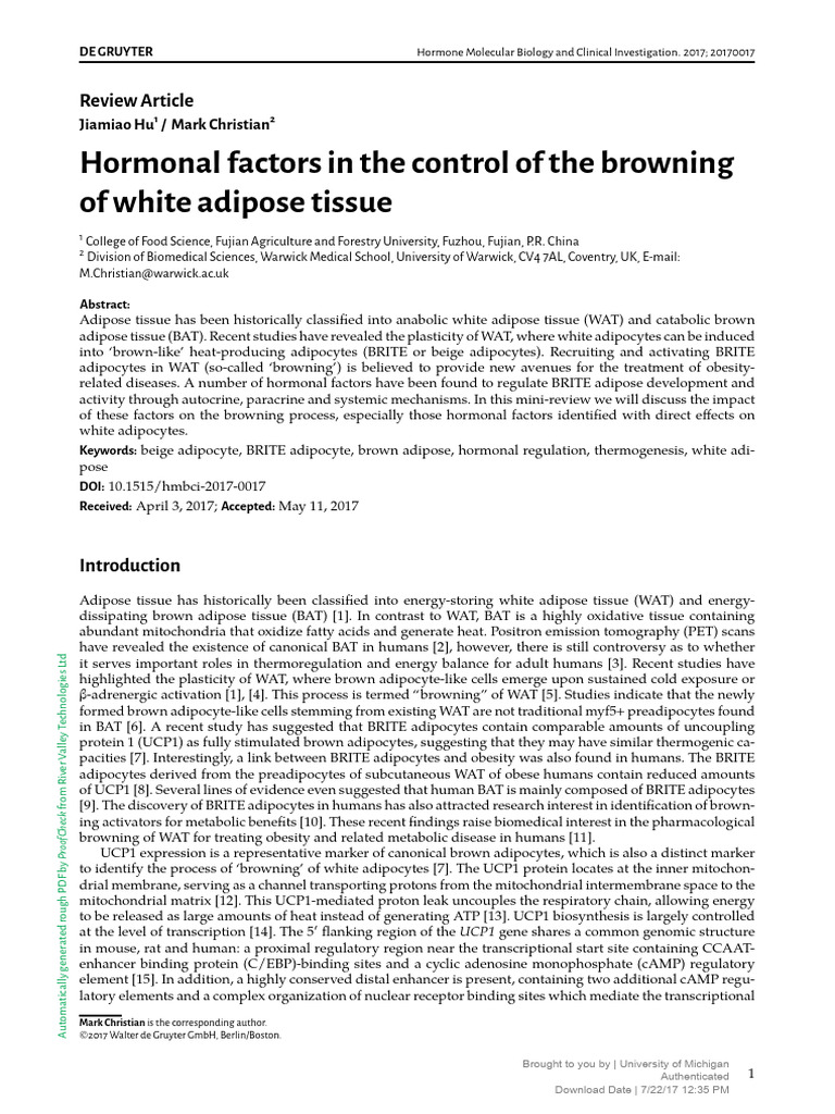 Hormonal factors in the control of the browning of white adipose | PDF ...