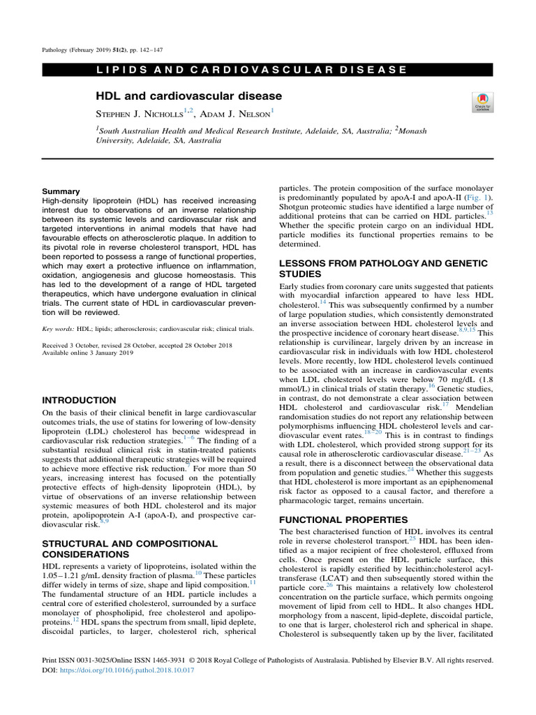 HDL's Role in Cardiovascular Disease | PDF | High Density Lipoprotein ...