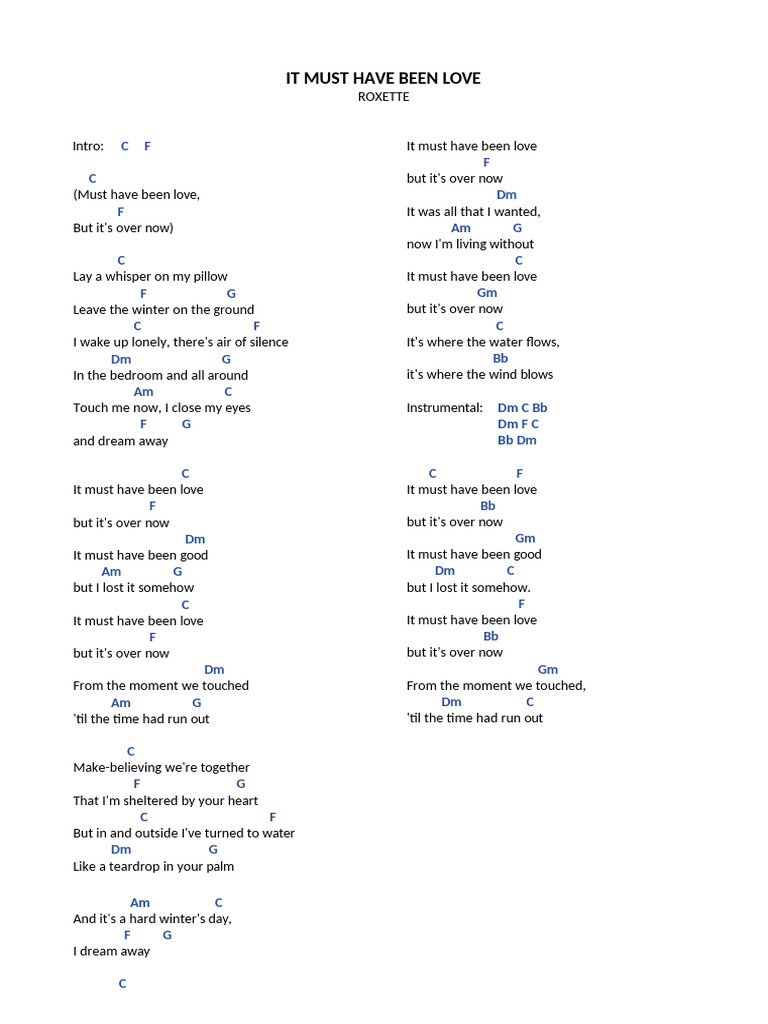 Roxette's "It Must Have Been Love" Lyrics | PDF | Recorded Music | Song Recordings