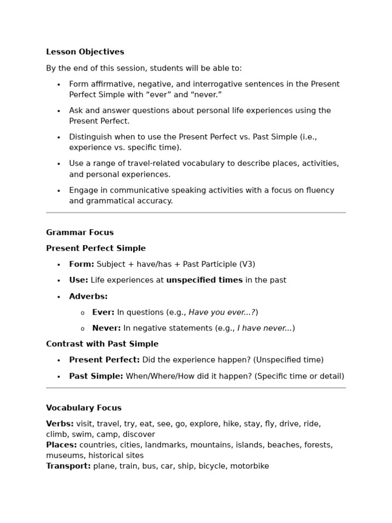 Present Perfect for Life Experiences | PDF | Perfect (Grammar ...