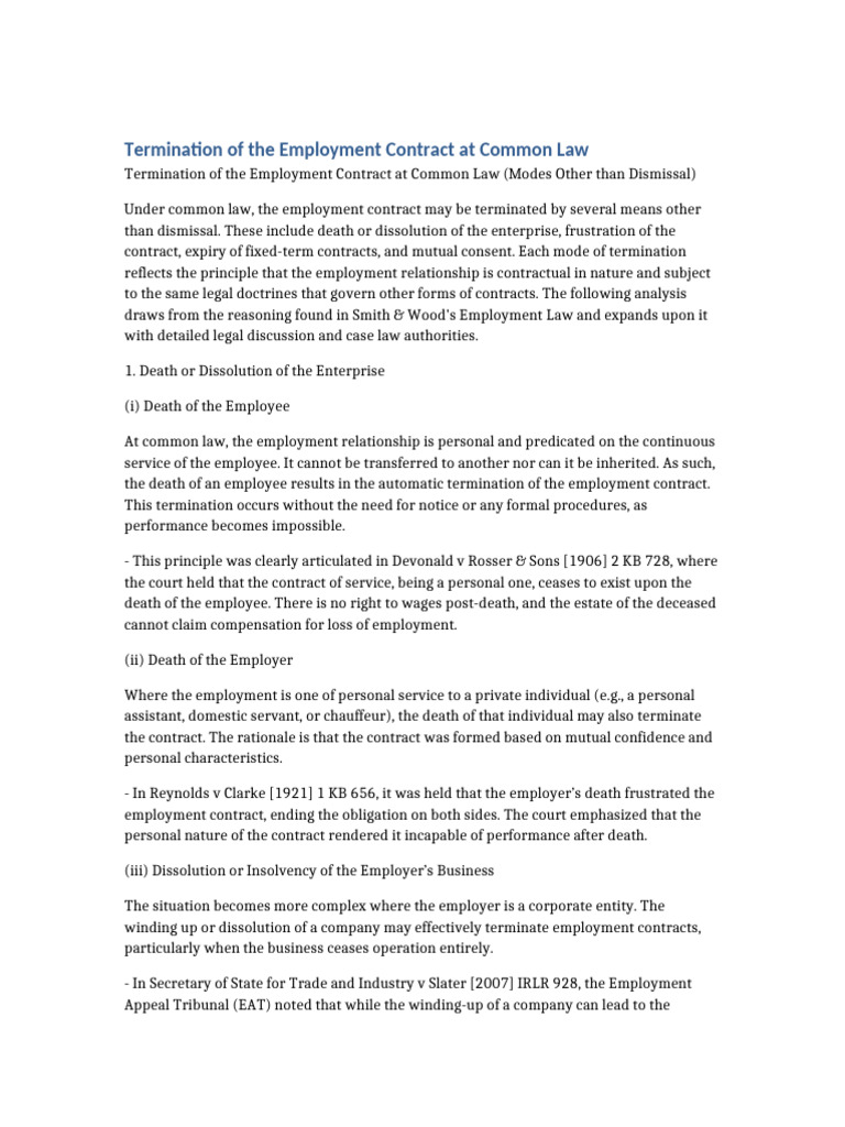 Common Law Employment Contract Termination | PDF | Employment | Private Law