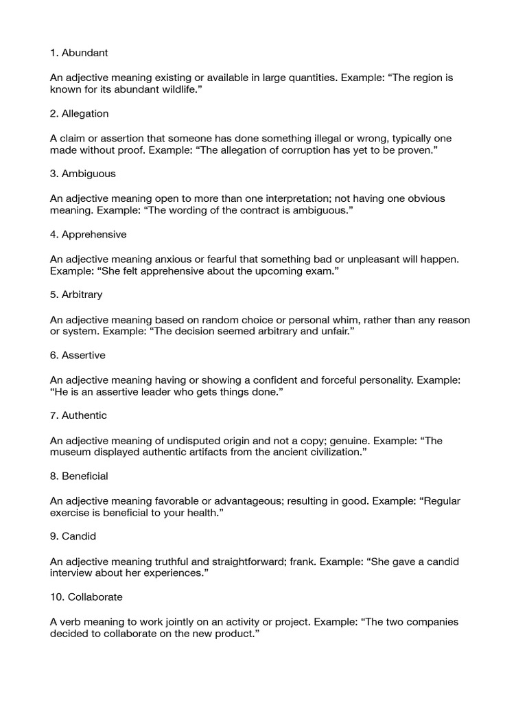 Vocabulary List of Key Adjectives and Verbs | PDF | Verb | Incentive