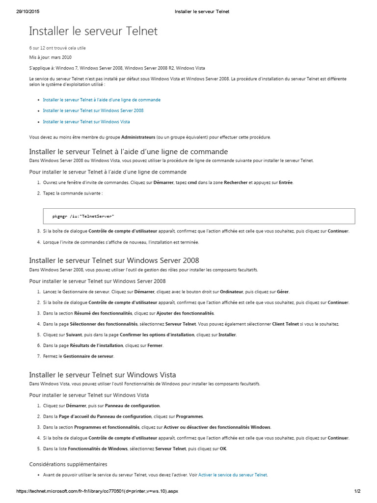 Installation du serveur Telnet Windows | PDF | Windows Server 2008 ...