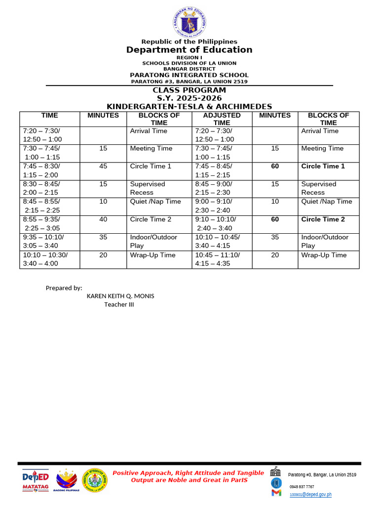Kindergarten Class Program 2025-2026 | PDF