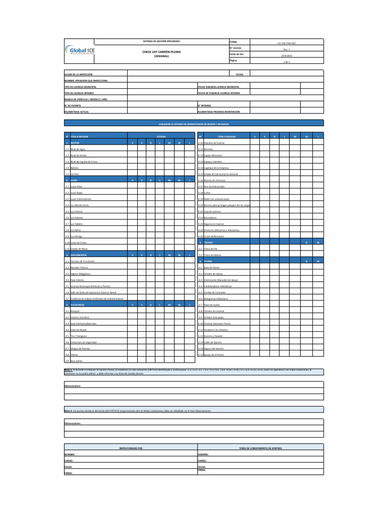Checklist Semanal Camión Pluma | PDF | Tecnologías automotrices ...