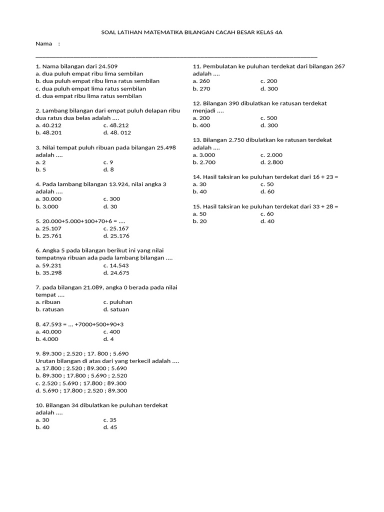 Soal Latihan Matematika Bilangan Cacah Besar Kelas 4a | PDF