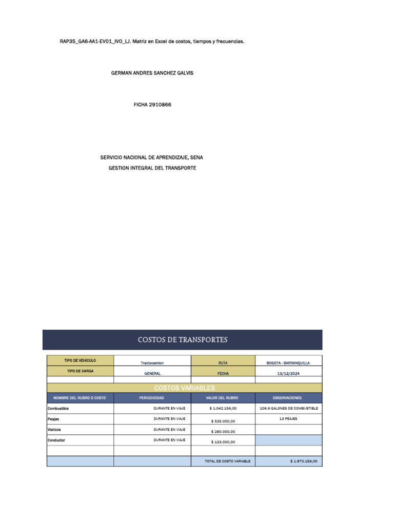 Costos de Transporte Bogotá-Barranquilla | PDF | Transporte | Presupuesto