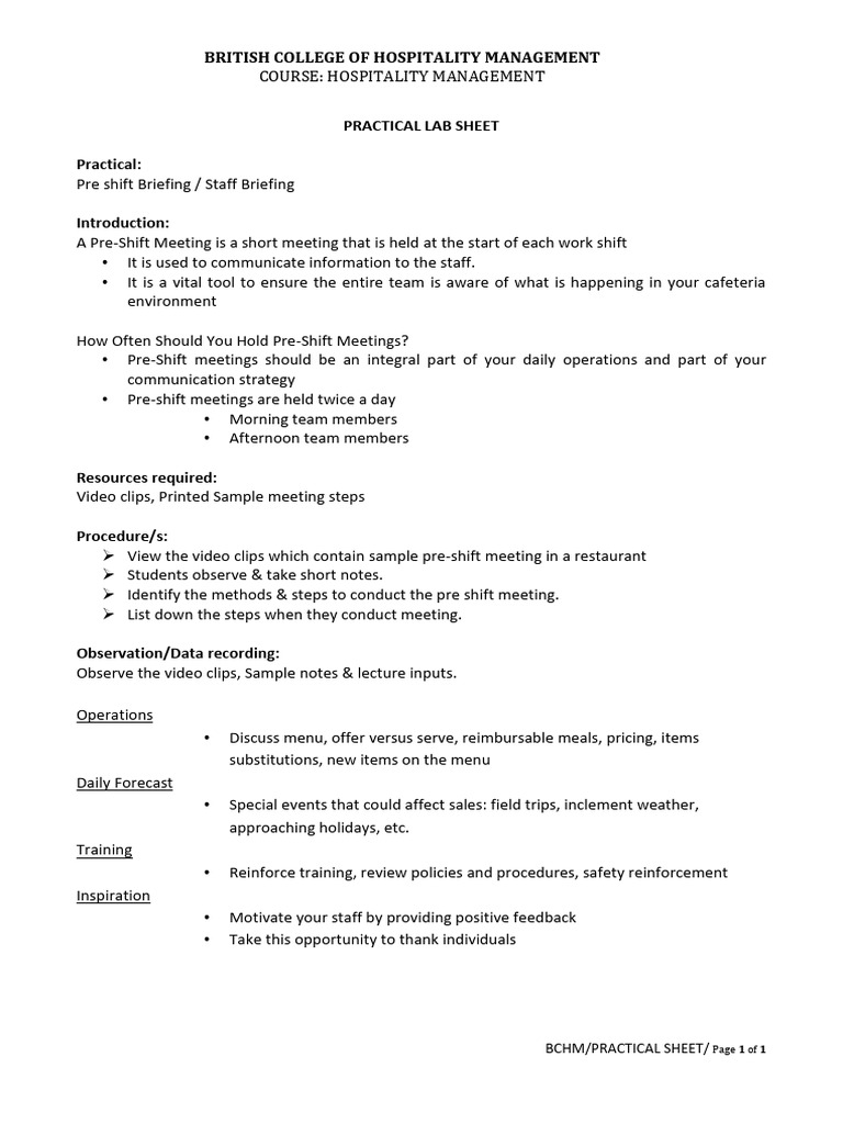 Pre-Shift Briefing Guide for Staff | PDF