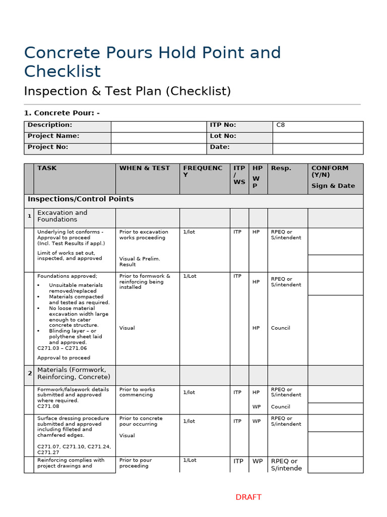 Concrete Inspection Test Plan Checklist | PDF | Concrete | Structural ...