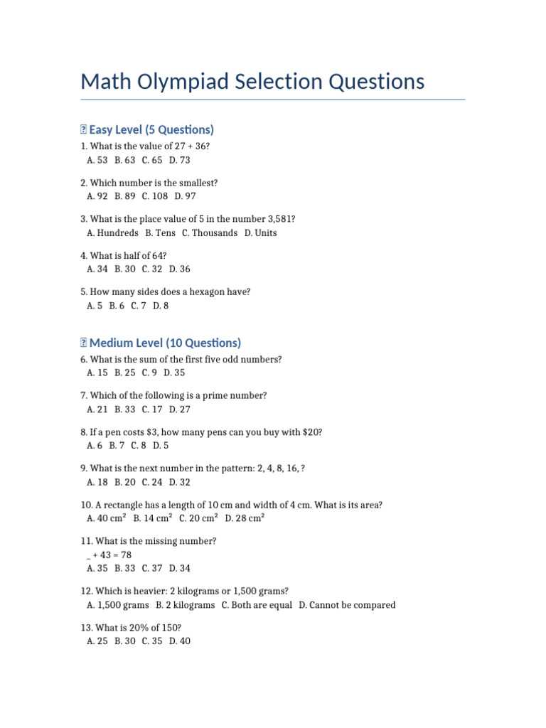 Math Olympiad Selection Questions | PDF