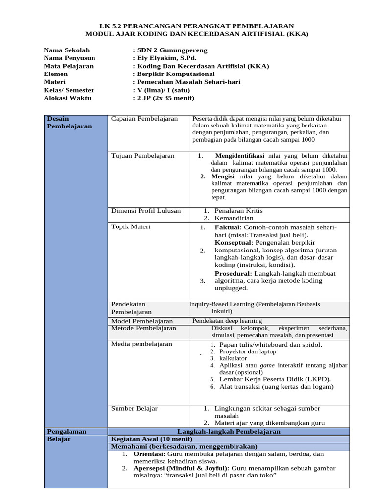 Modul Ajar Koding Kelas 5 KKA | PDF
