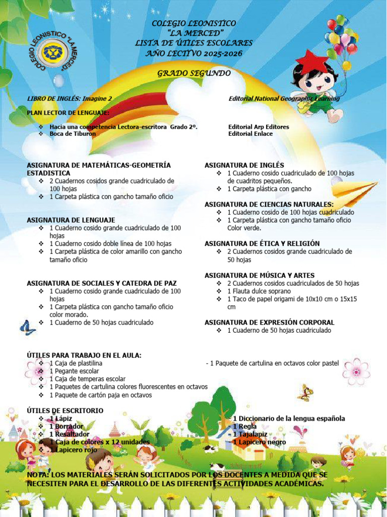 Útiles Escolares Grado Segundo 2025-2026 | PDF | Cuaderno | Papelería