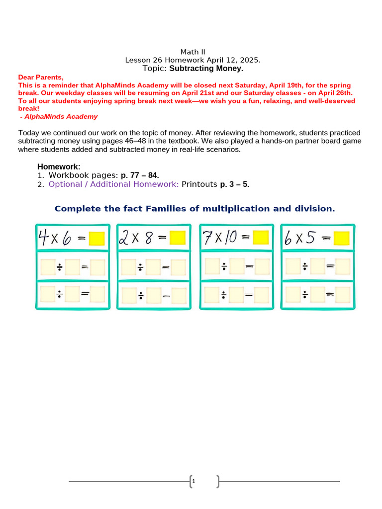 Subtracting Money Homework Update | PDF