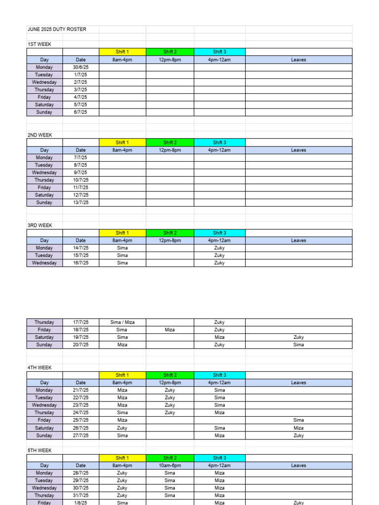 June 2025 Duty Roster Schedule | PDF