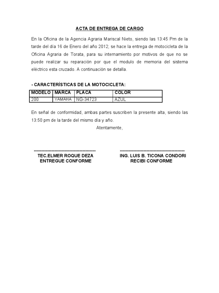 ACTA DE ENTREGA DE CARGO de motocicleta del señor te.elmer 