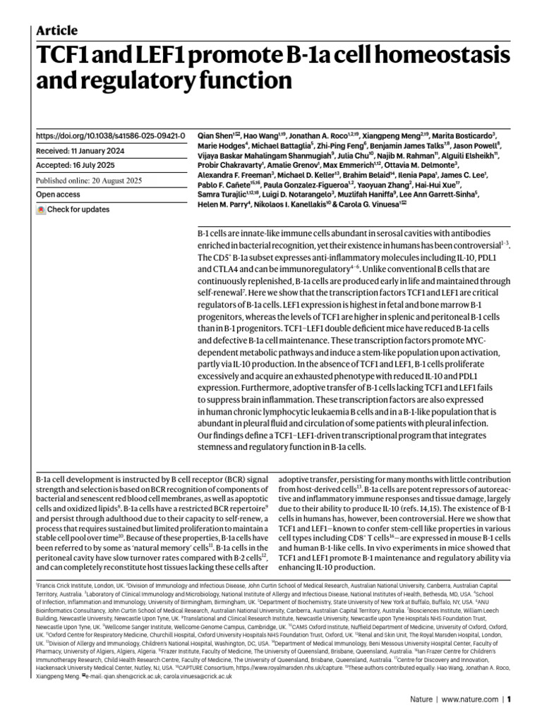 TCF1 and LEF1 Promote B-1a Cell Homeostasis and Regulatory Function ...