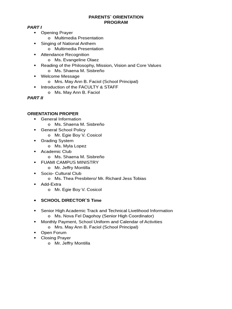 Parents' Orientation Program Overview | PDF