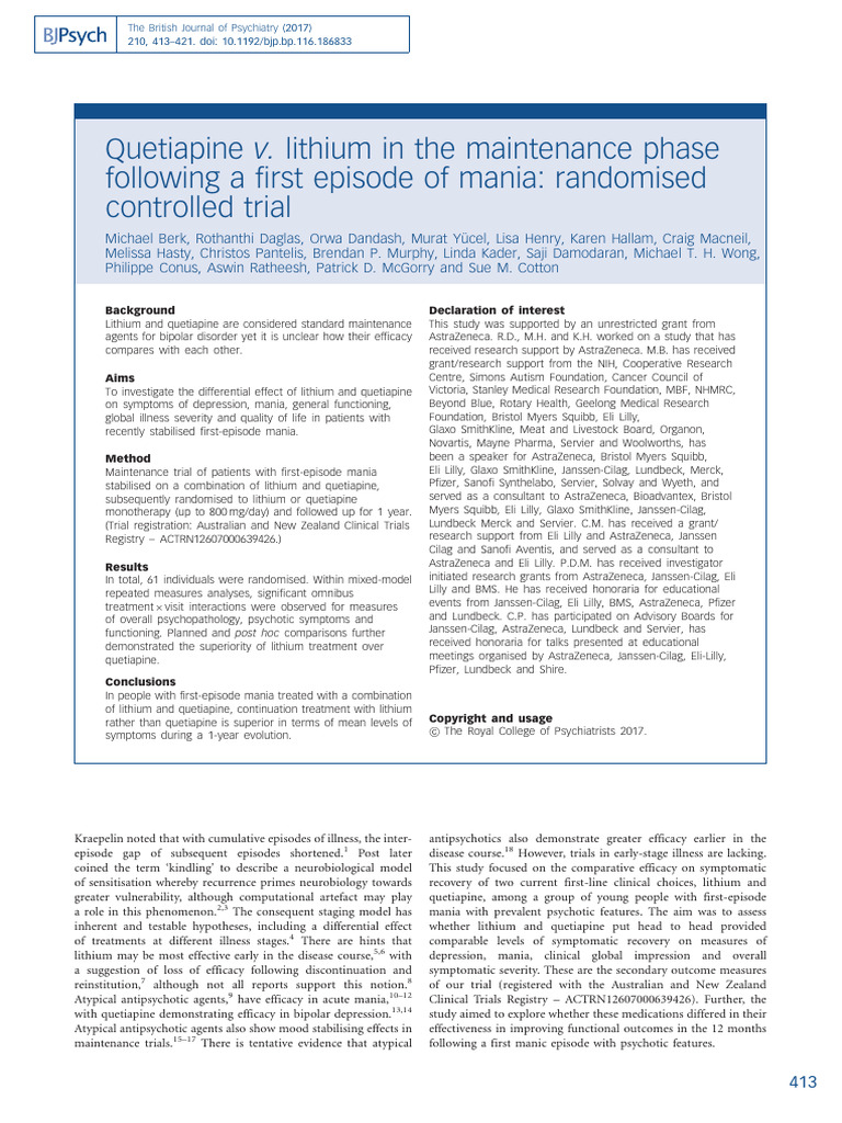Lithium vs. Quetiapine in First-Episode Mania | PDF | Mania | Antipsychotic