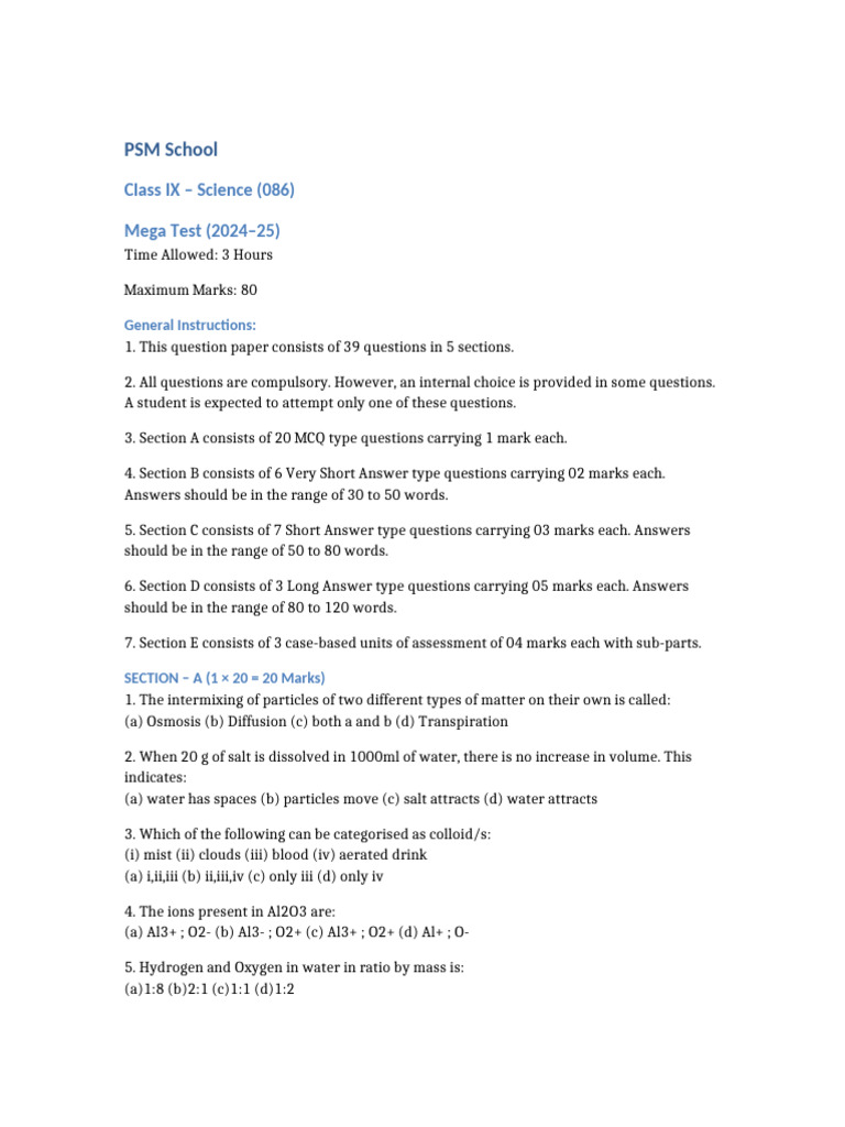 Class IX Science Mega Test 2024-25 | PDF | Nerve | Atoms
