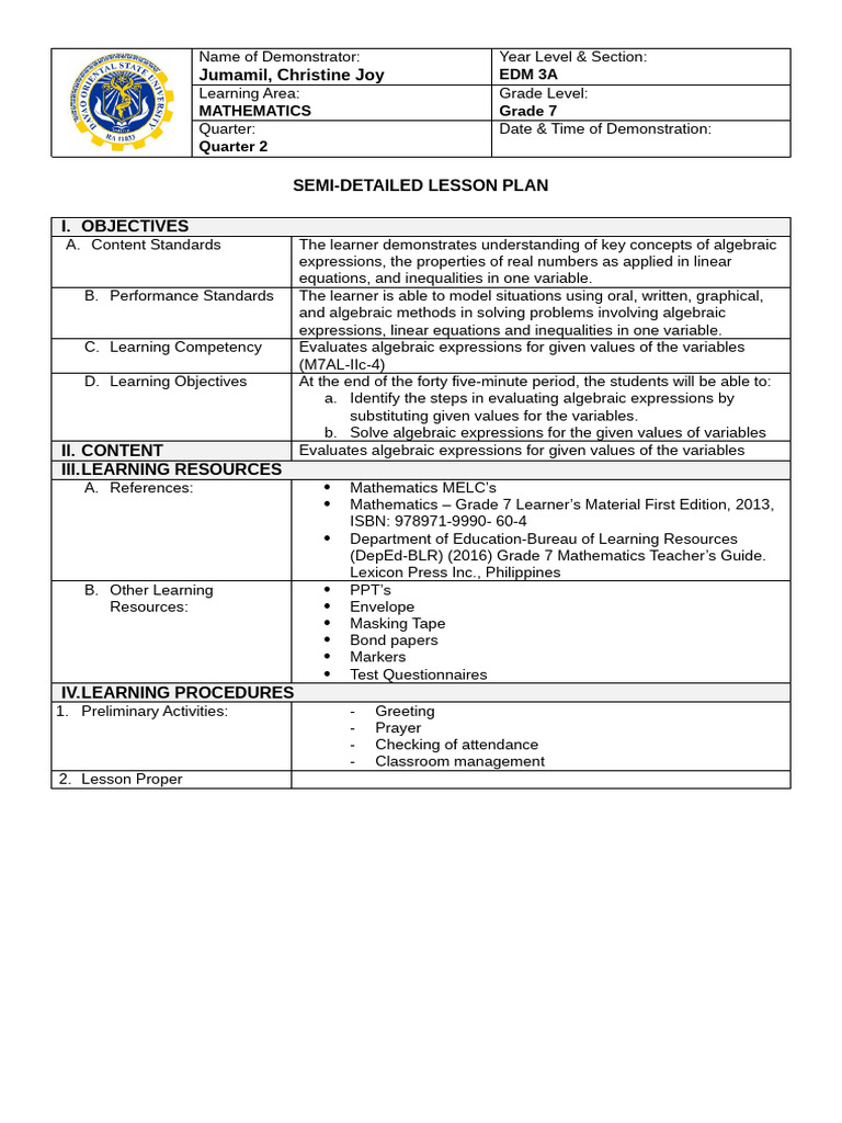 Grade 7 Algebraic Expressions Lesson Plan | PDF | Equations | Algebra