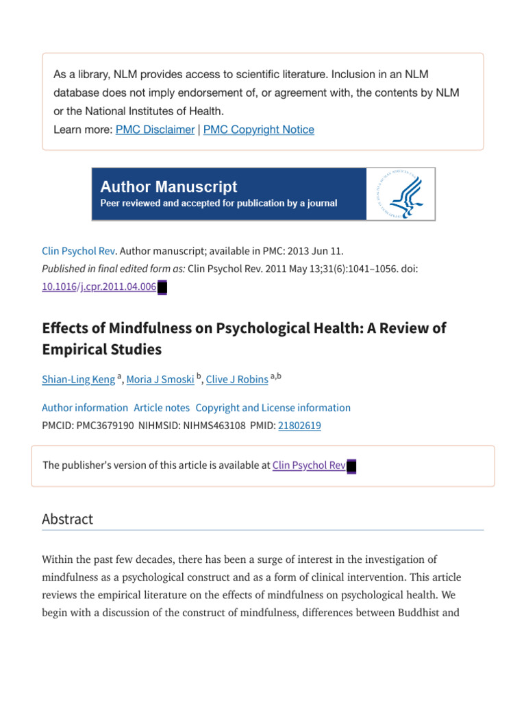 E Ects of Mindfulness On Psychological Health: A Review of Empirical ...