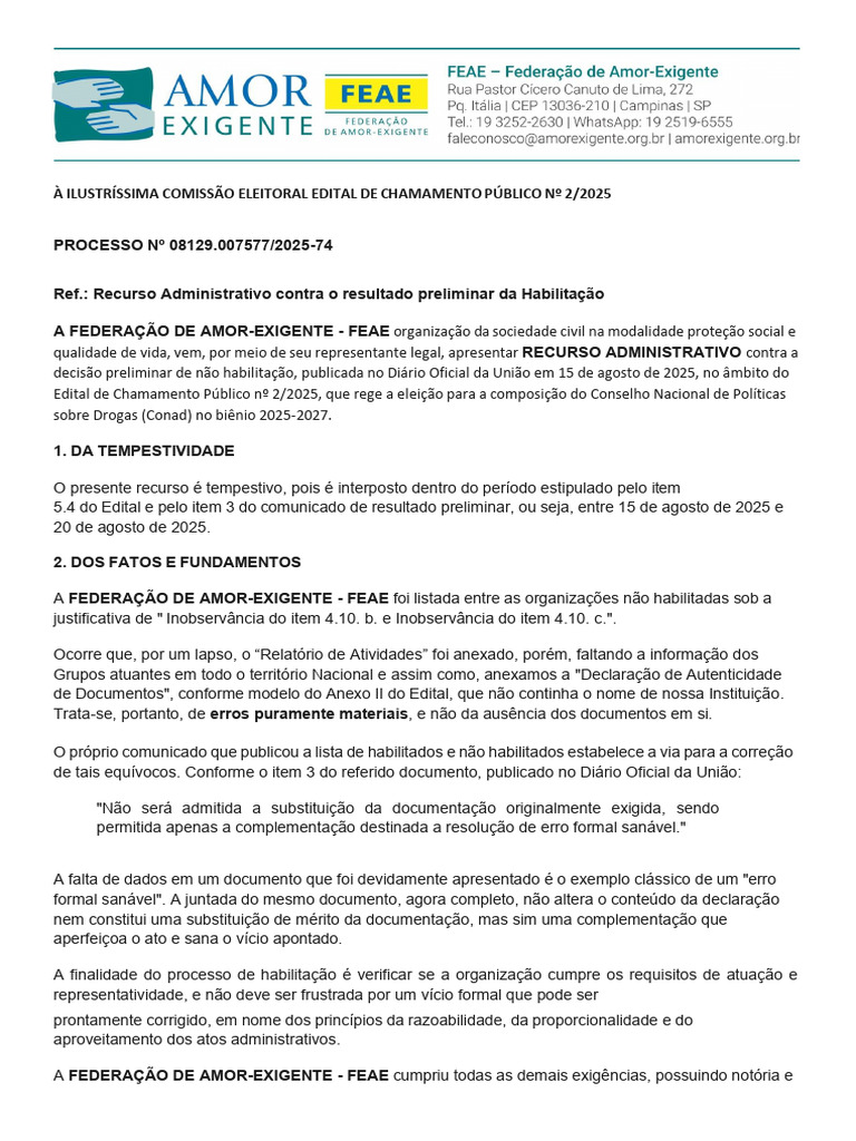 Recurso da FEAE contra inabilitação no Conad | PDF