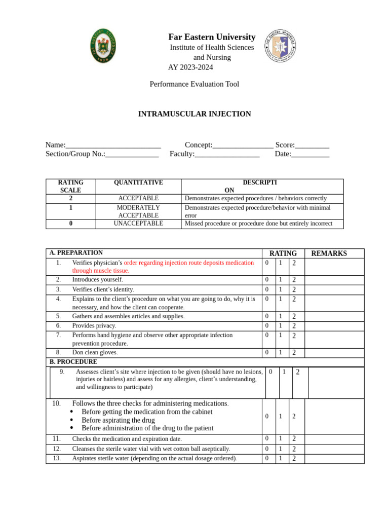 Intramuscular Injection Evaluation Tool | PDF | Injection (Medicine ...