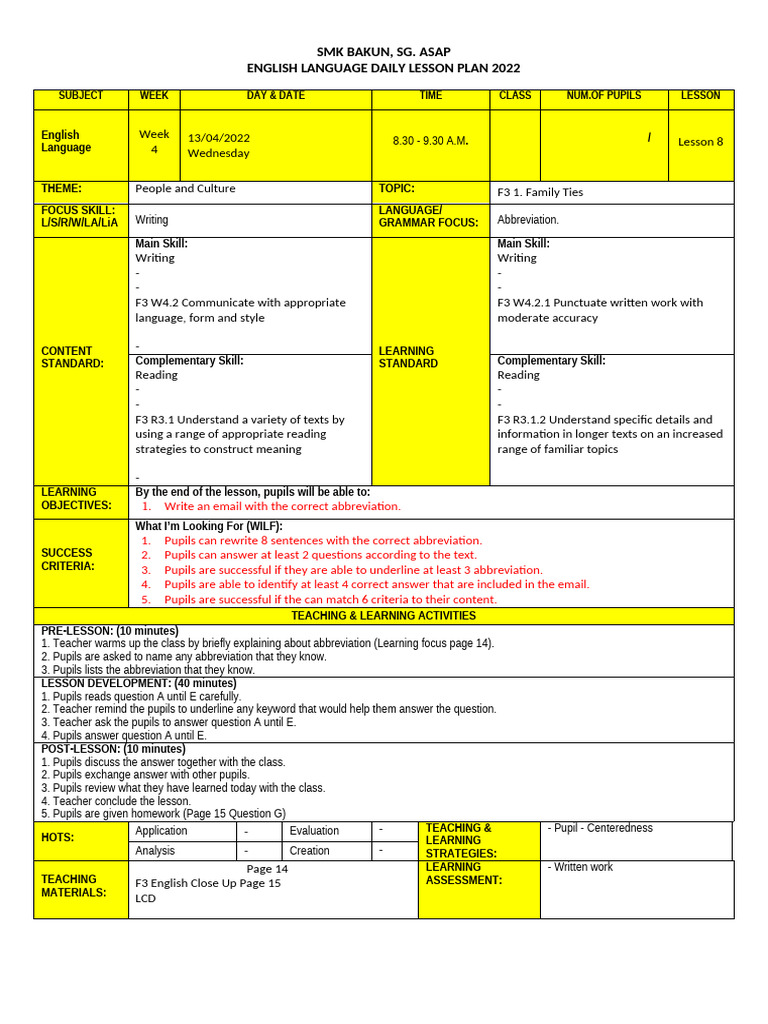 3a (13 April) (Writing Page 14-15 Qa-E) | PDF | Lesson Plan | Teachers