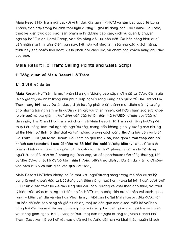 Maia Resort H Tràm - Selling Points and Sales Script | PDF