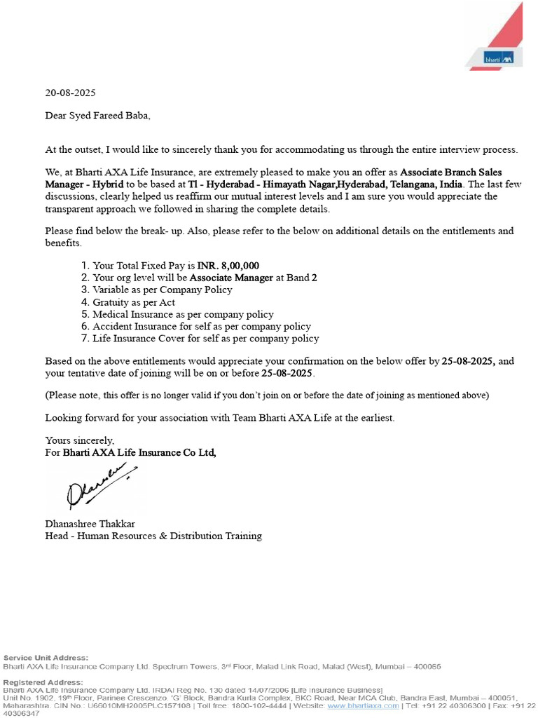 Offer Letter for Associate Manager Position | PDF | Life Insurance ...