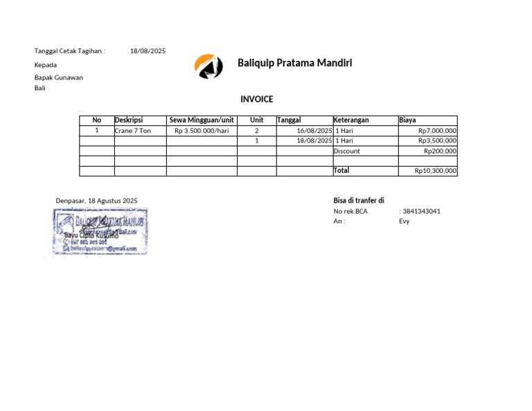 Invoice Crane 7 Ton B Siti Pesanggaran Bali 16 N 18 Agst25 | PDF