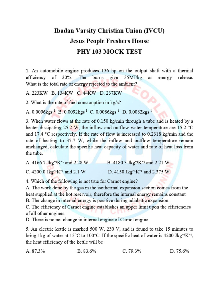 IVCU PHY 103 Mock Test Solutions | PDF | Heat | Gases