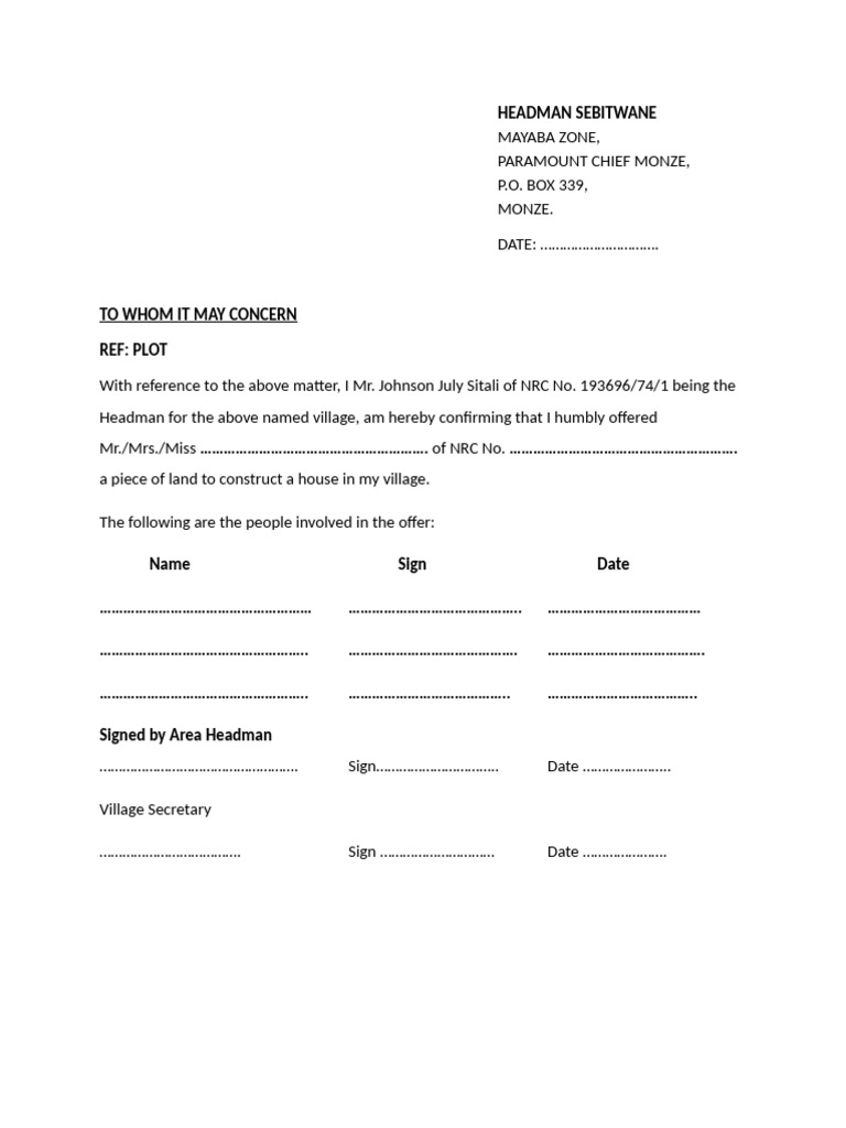 Land Offer Confirmation by Headman Sebitwane | PDF