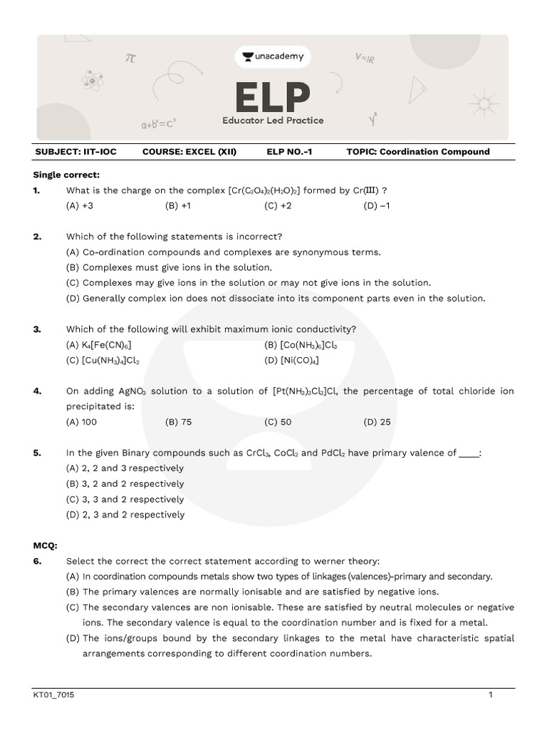 ELP - 1 Coordination Compound - (Student Copy) - KT01 - 7015 | PDF