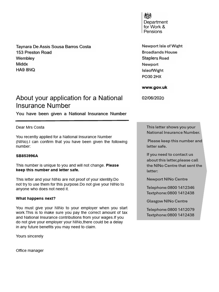 National Insurance Number Confirmation | PDF