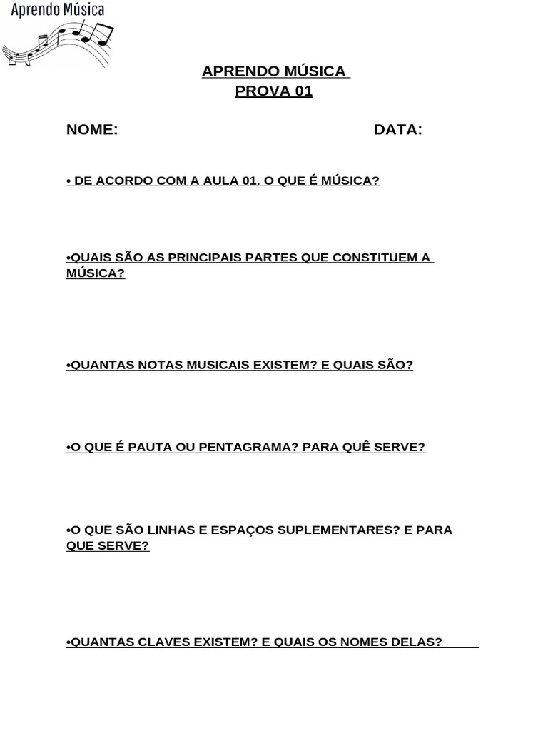 Prova de Música: Conceitos Básicos | PDF