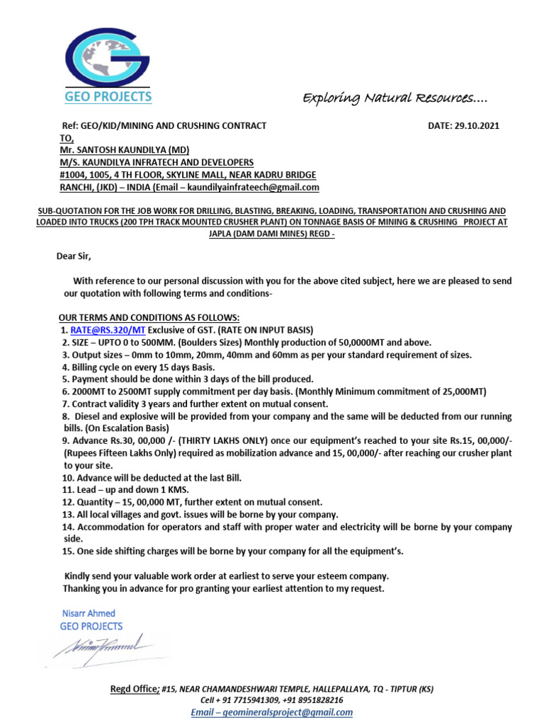 Mining and Crushing Contract Quotation | PDF
