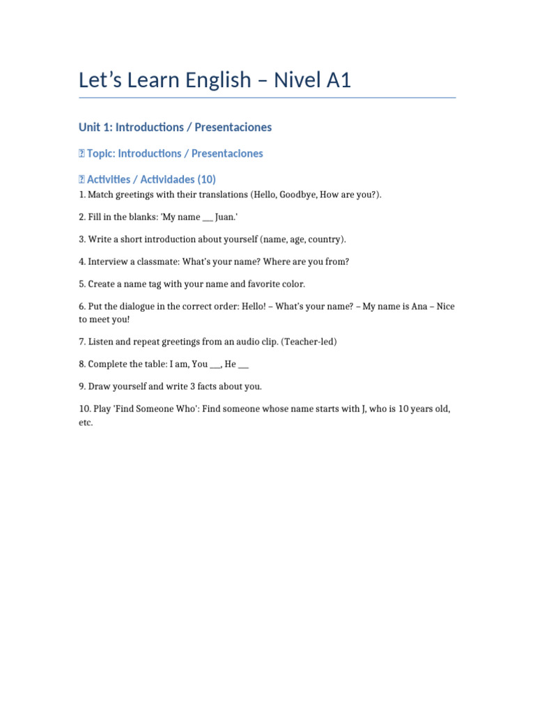 A1 English: Introductions Activities | PDF
