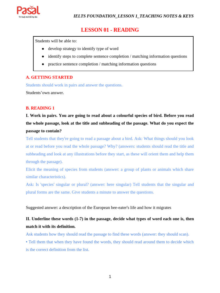 (Key & Teaching Notes - CB) Lesson 1 - Animal World - Reading | PDF ...