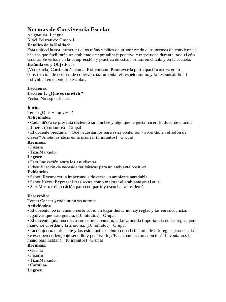Normas para una Convivencia Escolar Positiva | PDF | Salón de clases ...
