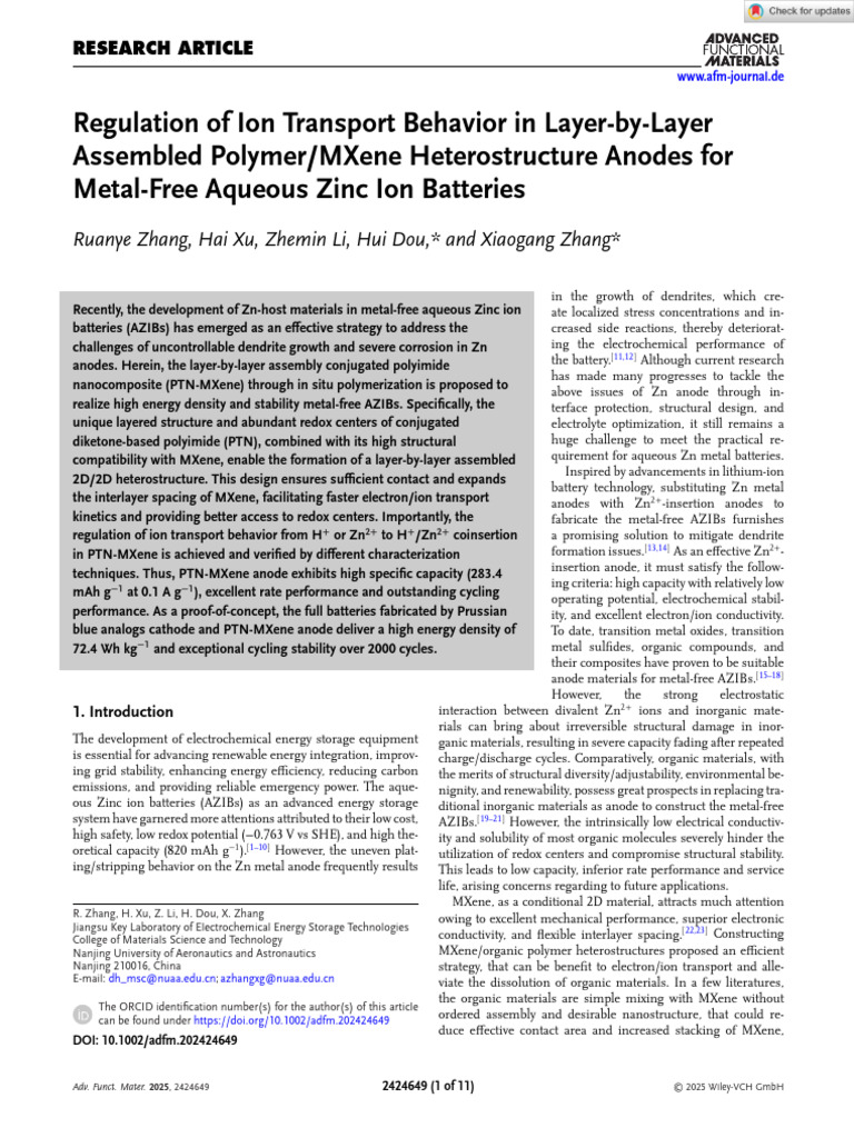 Adv Funct Materials - 2025 - Zhang - Regulation of Ion Transport ...