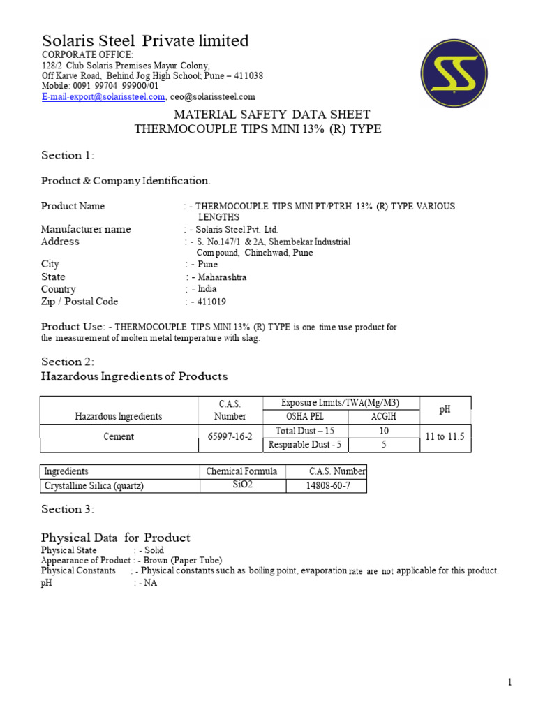 Msds - Mini 13% | PDF | Silicon Dioxide | Materials