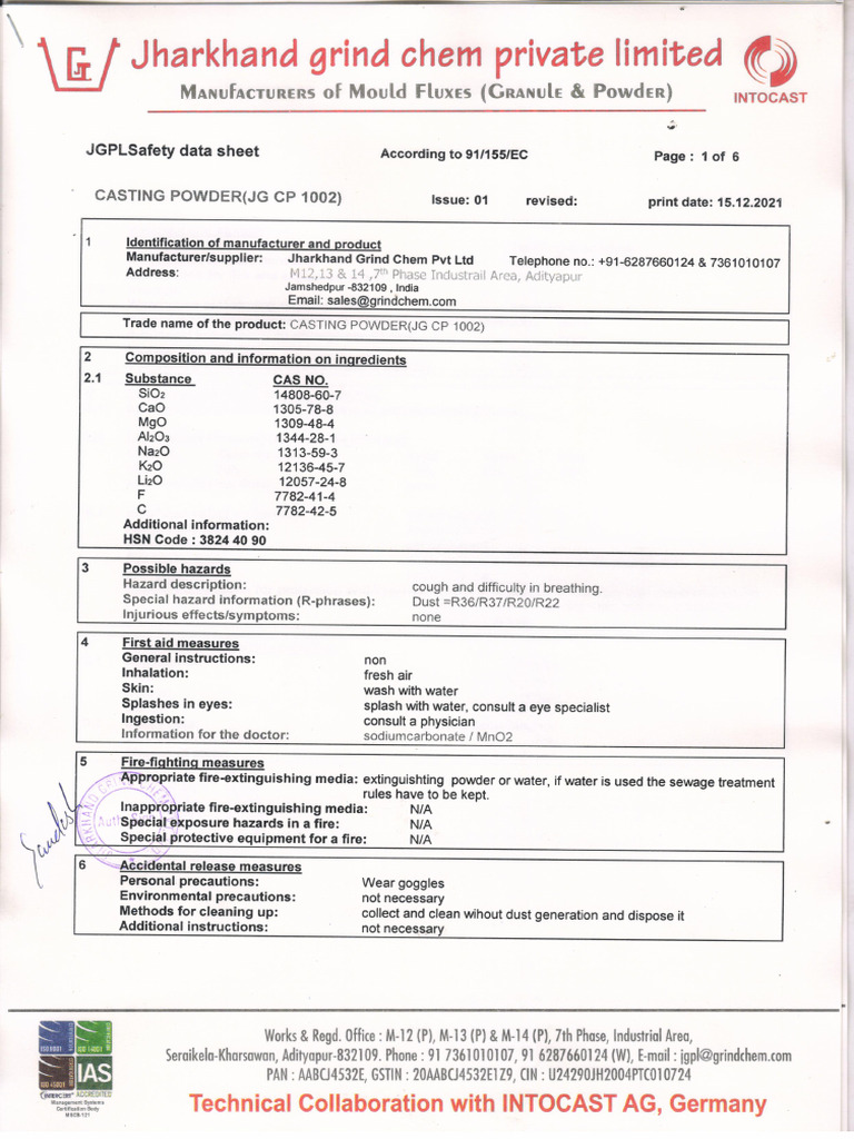 Casting Powder-Jg CP 1002 Msds | PDF