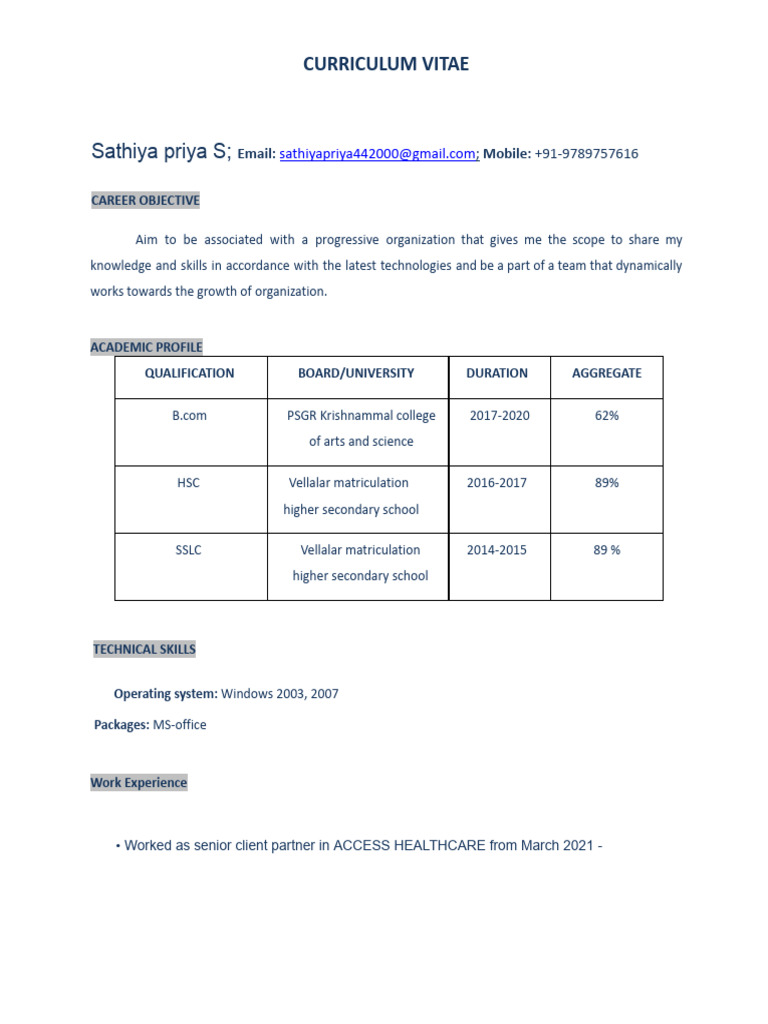 Sathiya Priya S - Professional CV | PDF