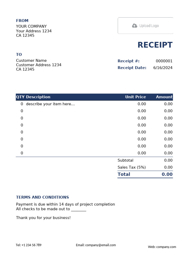 Excel Receipt Template Example | PDF